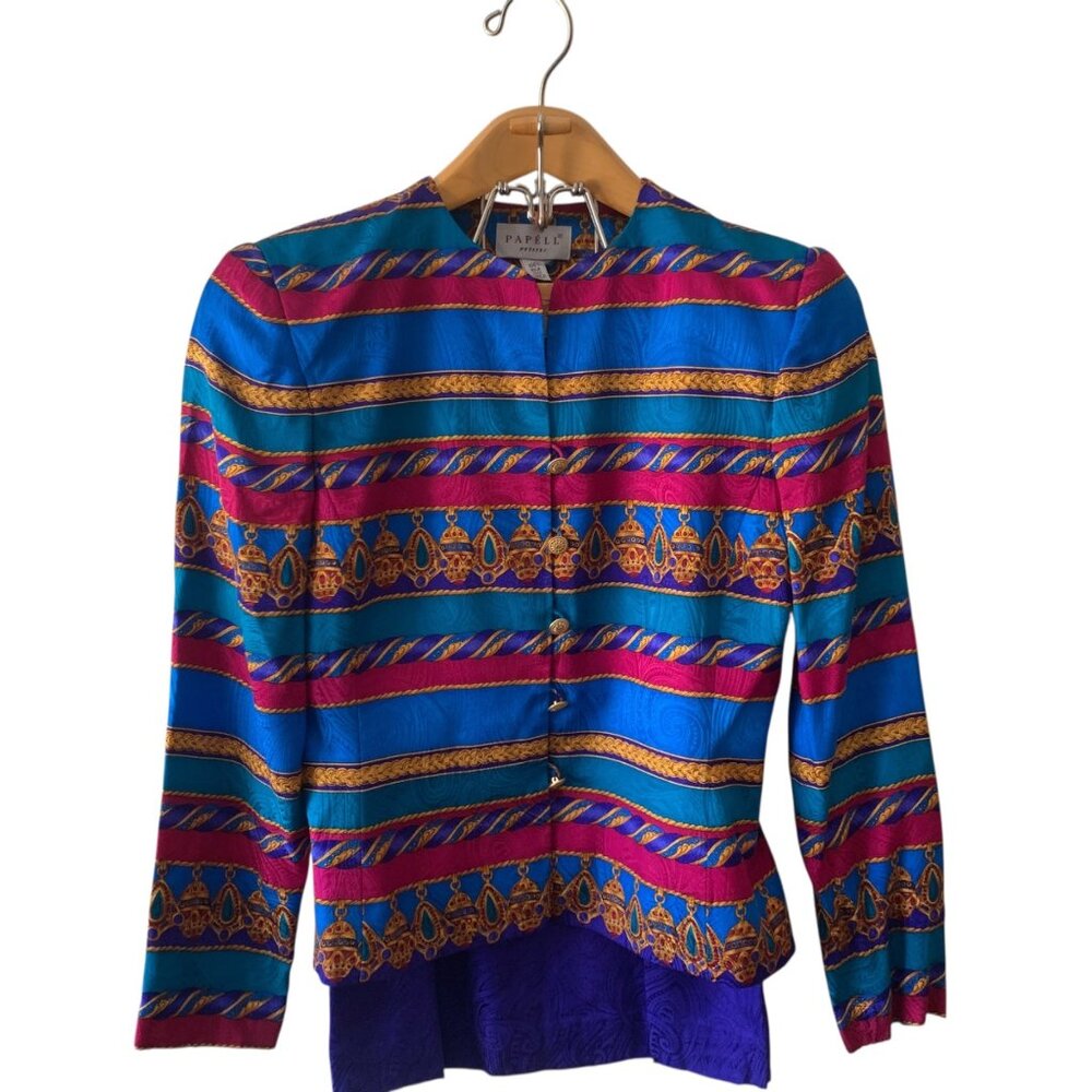 80s Vintage Papell Petites 100% Silk Multicolor‎ Stripes Paisley Pencil Skirt 4